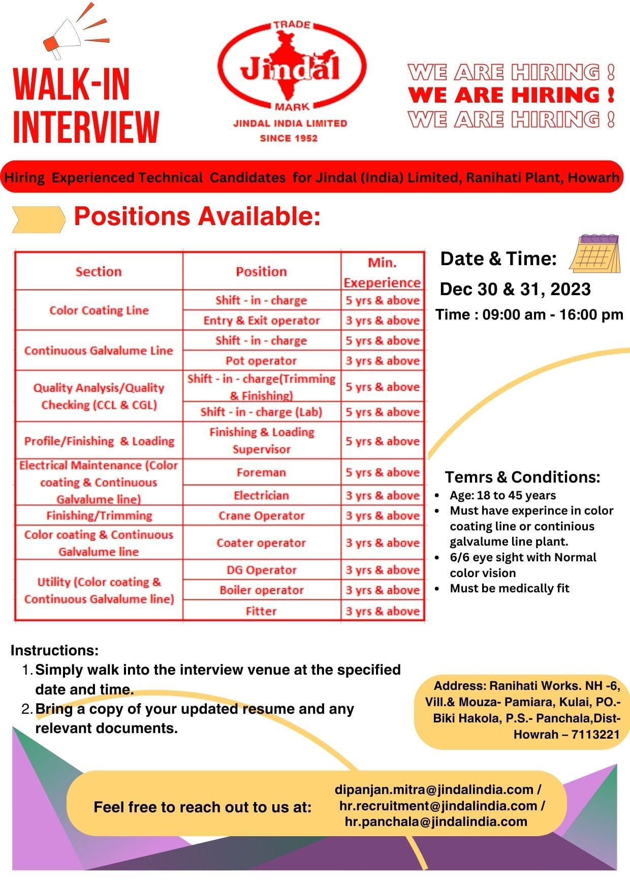 WALKIN INTERVIEW in JINDAL INDIA LIMITED Jobsearch Jet